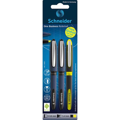 Schneider: 2 One Business Black Pens 0.6mm + Free Yellow Highlighter