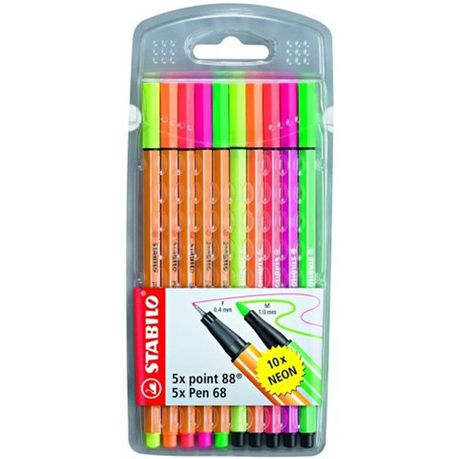 Stabilo Point 88 Fineliners & Pen 68 Fibre-Tip Pens - Assorted Neon Colours (Wallet of 10)