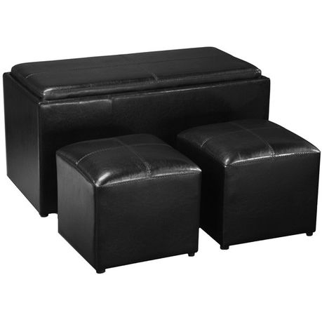 Hazlo 3 Piece PU Leather Coffee TableTray Storage Ottoman - Black