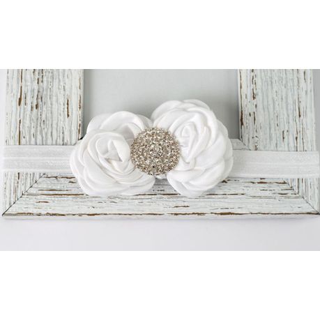 Double Satin Flower with Round Gemstone Centre Headband in White Color