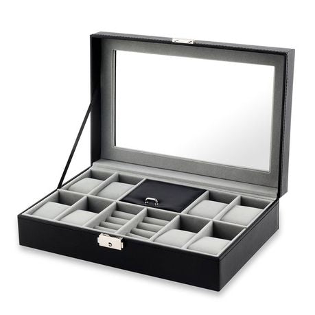 8 Slots PU Leather Jewelry Display Case With Lock & Glass Top - Black Buy Online in Zimbabwe thedailysale.shop