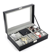 Load image into Gallery viewer, 8 Slots PU Leather Jewelry Display Case With Lock &amp; Glass Top - Black
