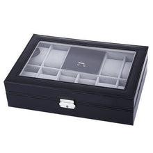 Load image into Gallery viewer, 8 Slots PU Leather Jewelry Display Case With Lock &amp; Glass Top - Black
