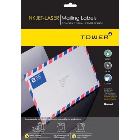 Tower W237 Mailing Inkjet-Laser Labels - Pack of 25 Sheets