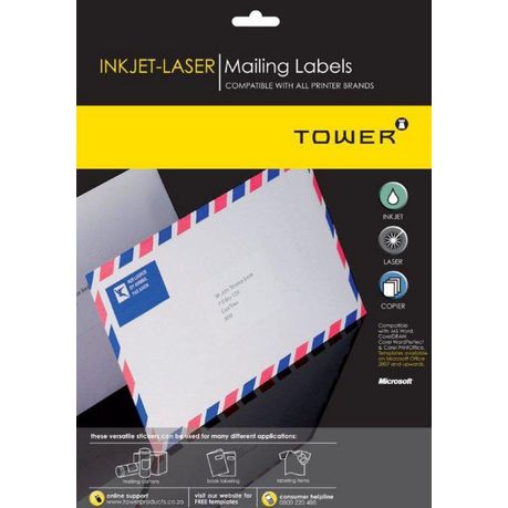 Tower W115 Mailing Inkjet-Laser Labels - Pack of 25 Sheets