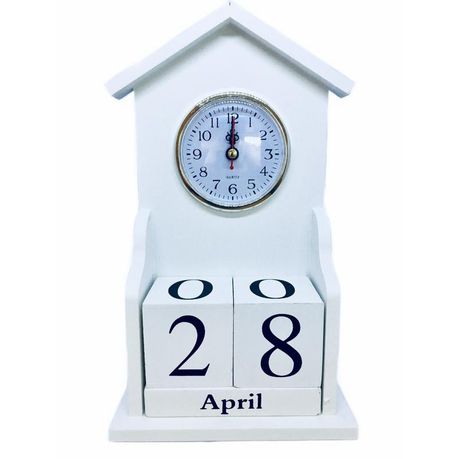 Wooden Block Perpetual Home Office Desk Calendar with Clock House - White Buy Online in Zimbabwe thedailysale.shop