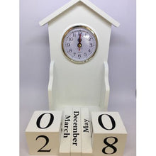 Load image into Gallery viewer, Wooden Block Perpetual Home Office Desk Calendar with Clock House - White
