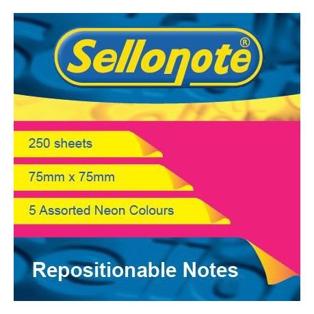 Sello-Note 250 Sheets Neon Repositionable Notes - 75 x 75mm