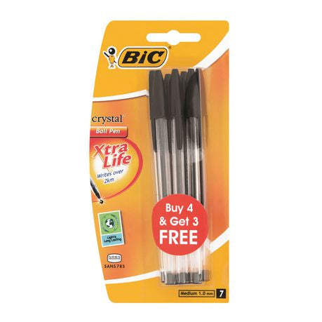 BIC Crystal Medium Xtra Life Ballpoint Pens - Black (Blister of 4+3) Buy Online in Zimbabwe thedailysale.shop