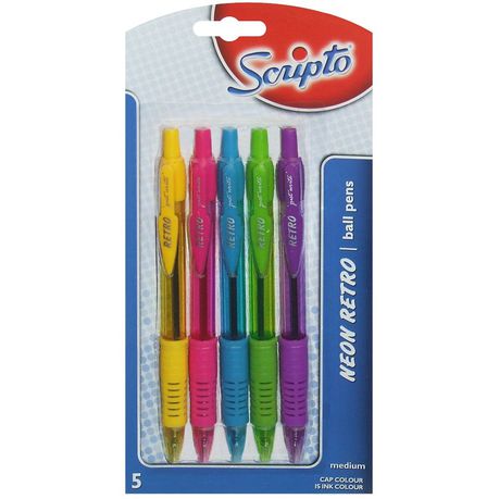 Scripto Neon Retro Retractable Ballpoint Pens - Medium (Blister of 5 Ink Colours)