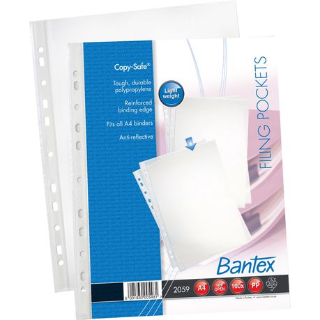 Bantex 'Copy-Safe' Multi-Punched A4 P.P Filing Pockets - 45micron (100 p/p)