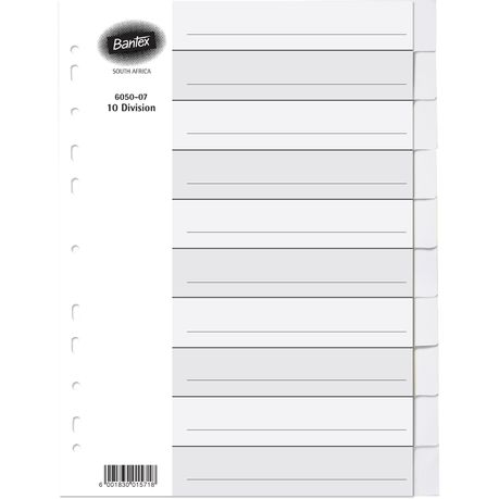 Bantex A4 10 Division Manilla Board File Dividers