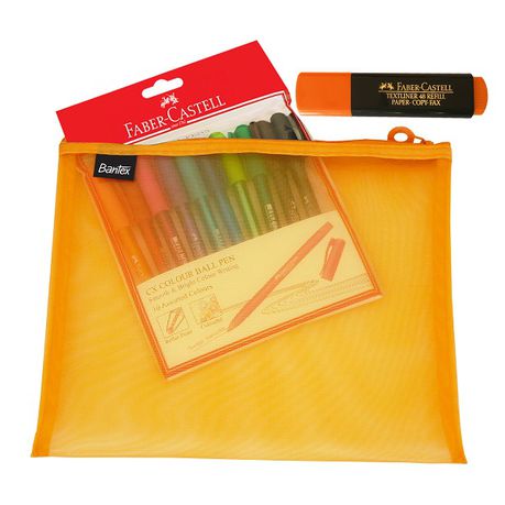 Bantex Orange A5 Mesh Bag with 10 Colour Ball Pens & Highlighter