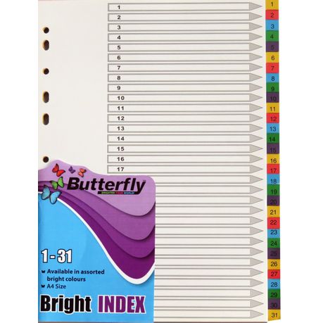 Butterfly A4 File Dividers Bright Board - 31 Tab 1-31