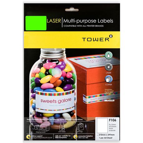 Tower F106 Multi Purpose Inkjet-Laser Labels - Fluorescent Green - Pack of 25 Sheets