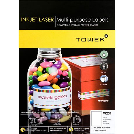 Tower W231 Multi Purpose Inkjet-Laser Labels - Box of 100 Sheets Buy Online in Zimbabwe thedailysale.shop