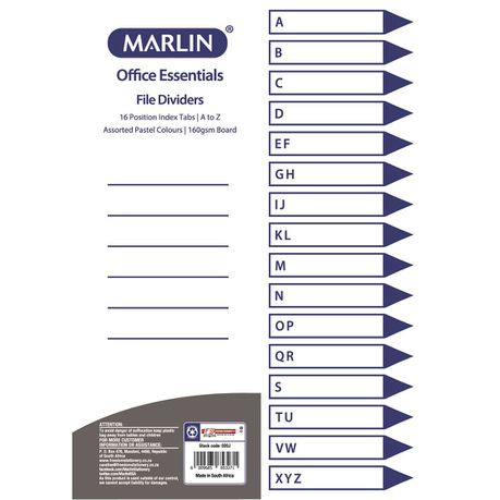 Marlin File 16 (A - Z) Index Dividers 160gsm Pastel Colours