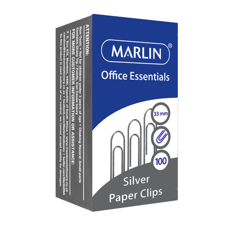 Marlin 100 Paper Clips - Silver (33mm) - Pack of 10