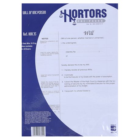 Hortors - 5X Set Prepack Will For One Person Documents In English Buy Online in Zimbabwe thedailysale.shop