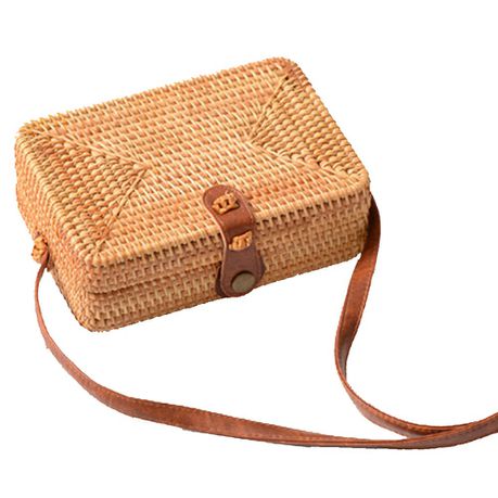 Off To Blue Hand Woven Rectangle Rattan Bag Shoulder Leather Straps - Jawa Buy Online in Zimbabwe thedailysale.shop