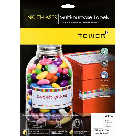 Tower W106 Multi Purpose Inkjet-Laser Labels - Pack of 25 Sheets