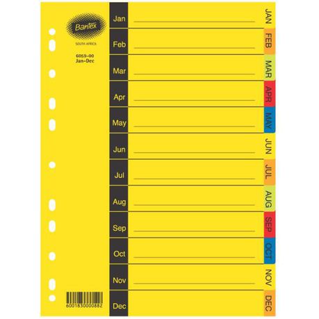 Bantex Manilla Board A4 Jan - Dec Index - 5 Colour