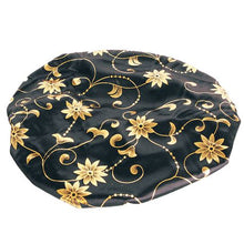 Load image into Gallery viewer, Wide Band Sleep Bonnet Cap in breathable Black &amp; Gold Satin Fabric
