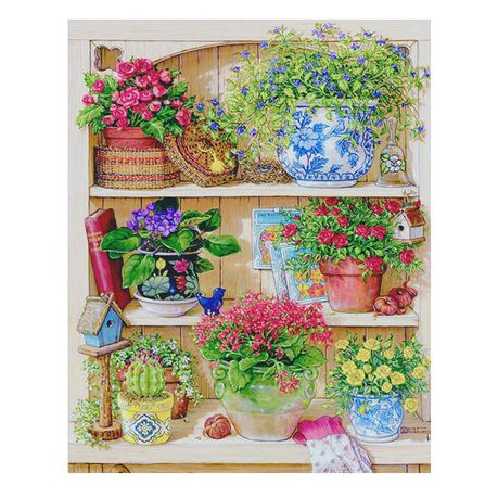 Diamond Painting DIY Kit, Round diamonds, 50x40cm- Flowers in the Shelf Buy Online in Zimbabwe thedailysale.shop