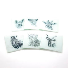 Load image into Gallery viewer, Ithambo Wildlife Cheetah Lion Kudu Giraffe Zebra Bat Fox 6pc Glass Coasters
