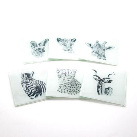 Ithambo Wildlife Cheetah Lion Kudu Giraffe Zebra Bat Fox 6pc Glass Coasters