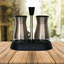 Load image into Gallery viewer, 3 Piece Glass &amp; Stainless Steel Salt &amp; Pepper 125ml Shaker Set with Holder
