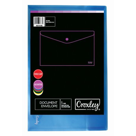 Croxley Foolscap Document Envelope- Assorted Colours - 5 Pack