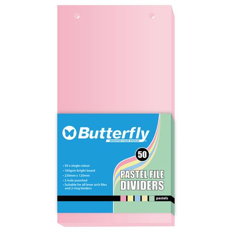 Butterfly File Divider 120mm X 230mm Pastel Board - Pack Of 50 Pink