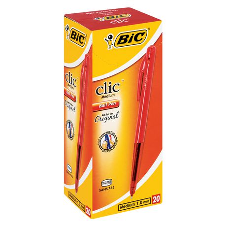 BIC Clic Medium Ballpoint Pens - Red (Box of 20) - Retractable button