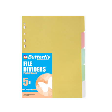 Butterfly A4 File Dividers Pastel Board - 5 Tab (Pack Of 10)