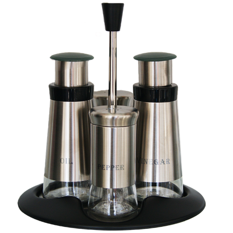 5 Piece Salad Dressing Set -Broad Glass & Polished Steel, Shakers & Dispensers