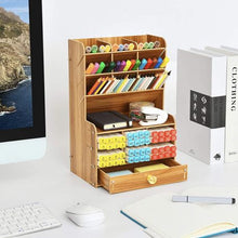 Load image into Gallery viewer, 6-Tier Multi-Function DIY Wooden Pen Holder with Pull-Out Drawer
