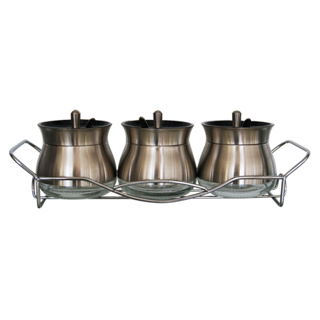 4 Piece Broad Glass Condiment set in Polished Steel with Metal Rack & Scoops Buy Online in Zimbabwe thedailysale.shop