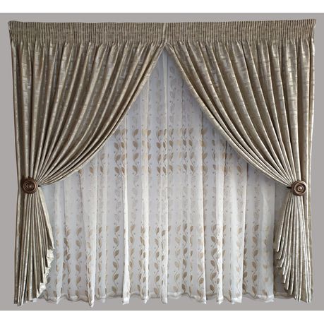 Curtain Set - 5m Checkmate Fawn + 5m 1805 Linen Embroidered Voile Buy Online in Zimbabwe thedailysale.shop