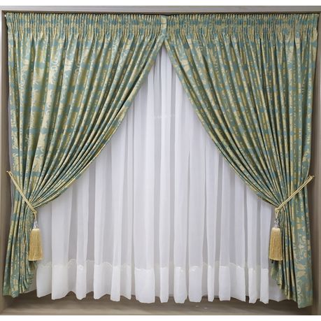 Curtain Set - 5m Leaves Green & Gold + 5m Crush Voile