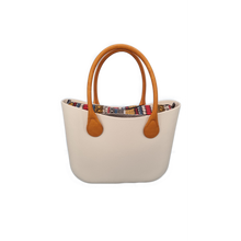 Load image into Gallery viewer, Eva Classic Handbag Beige, African canvas inner, Caramel round handles
