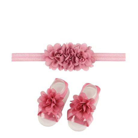 Chiffon Flower Barefoot Sandals & Headband Set in Dusty Rose