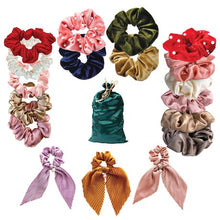 Load image into Gallery viewer, Scrunchies–5 Satin,5 Velvet,3 With Ribbons and Pearls &amp; 5 Skinny Hair Ties
