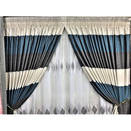 Blue White & Grey Line Theme Curtain & Leaf Lace 2.5x2.4m