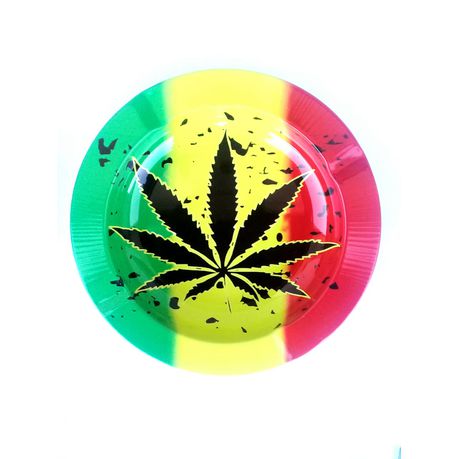 Cannabis Leaf Rasta Color Round Metal Ashtray