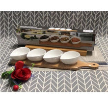 Load image into Gallery viewer, 4 Bowl Porcelain Snack Platter on a Bamboo Server
