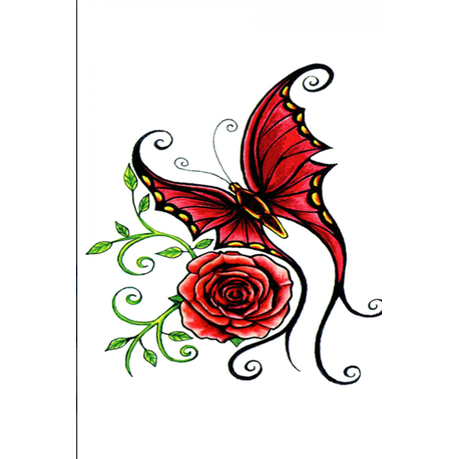 Tattoo - Waterproof High Quality Skin Safe - Red Rose Butterfly