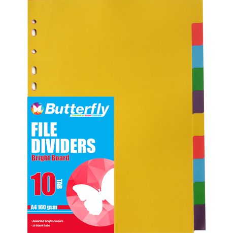 Butterfly A4 File Dividers Bright Board - 10 Tab (Pack Of 10)