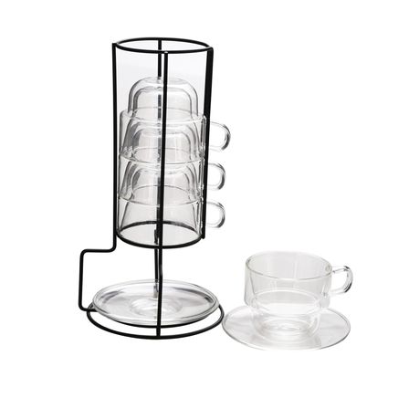 Soul Lifestyle Set of 4 Double Walled Cups and Saucers with Steel Stand