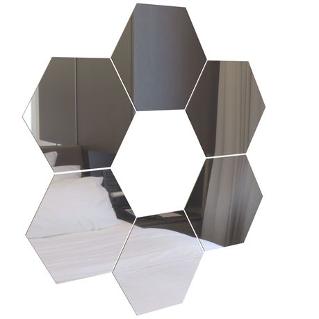 Hexagon Mirror Tiles Décor - Silver - Self Adhesive - 20cm - Large - 6-Pack